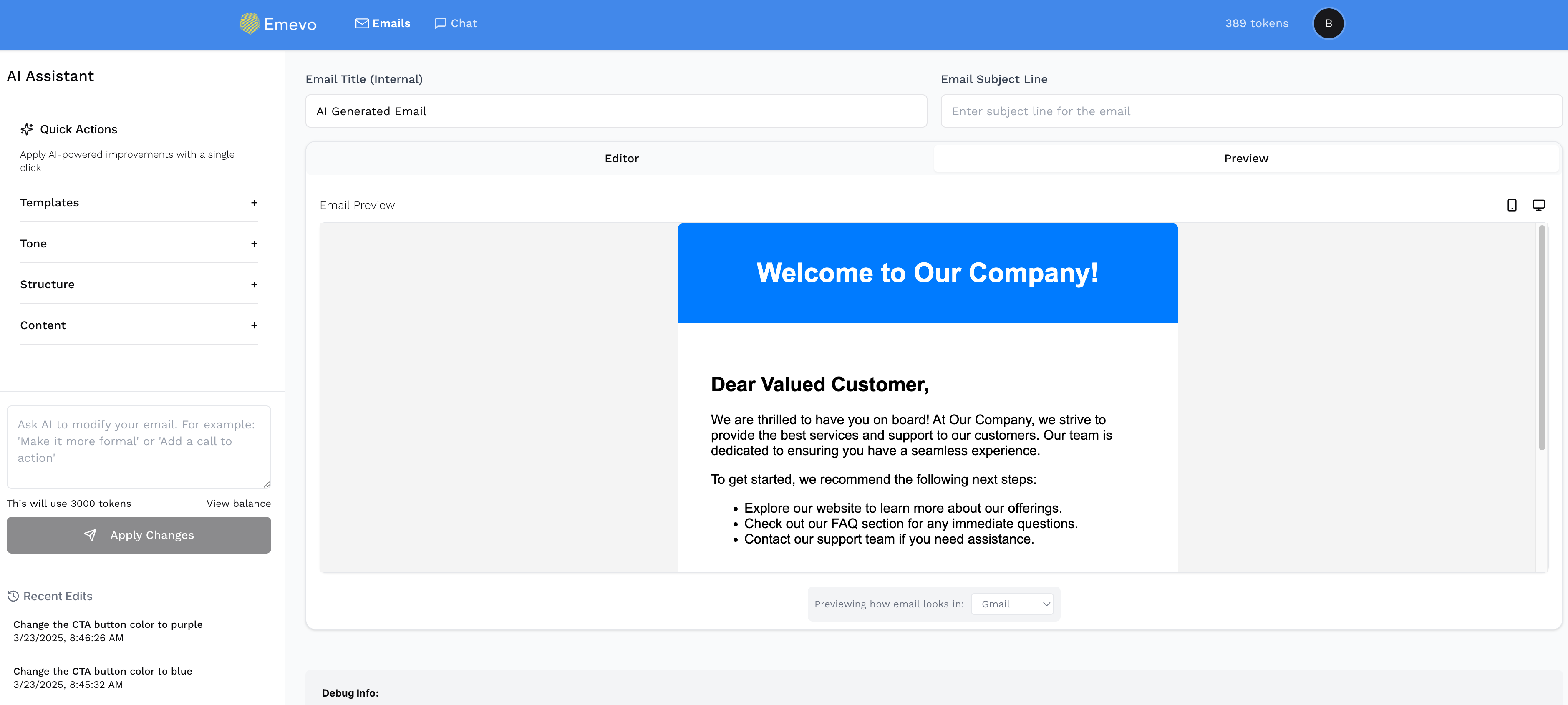 Cerberus AI Email Editor interface showing email editing with natural language commands